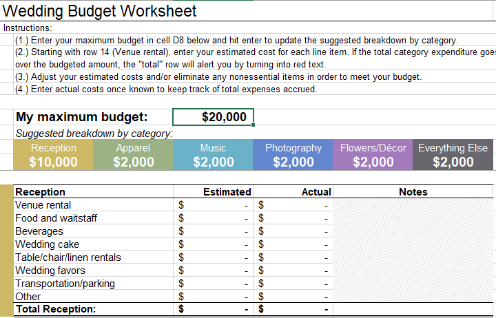 Wedding budget excel spreadsheet free