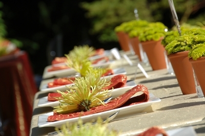 Garden-themed wedding reception place settings.