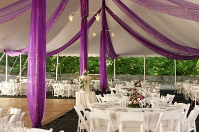 White and purple themed outdoor wedding reception.